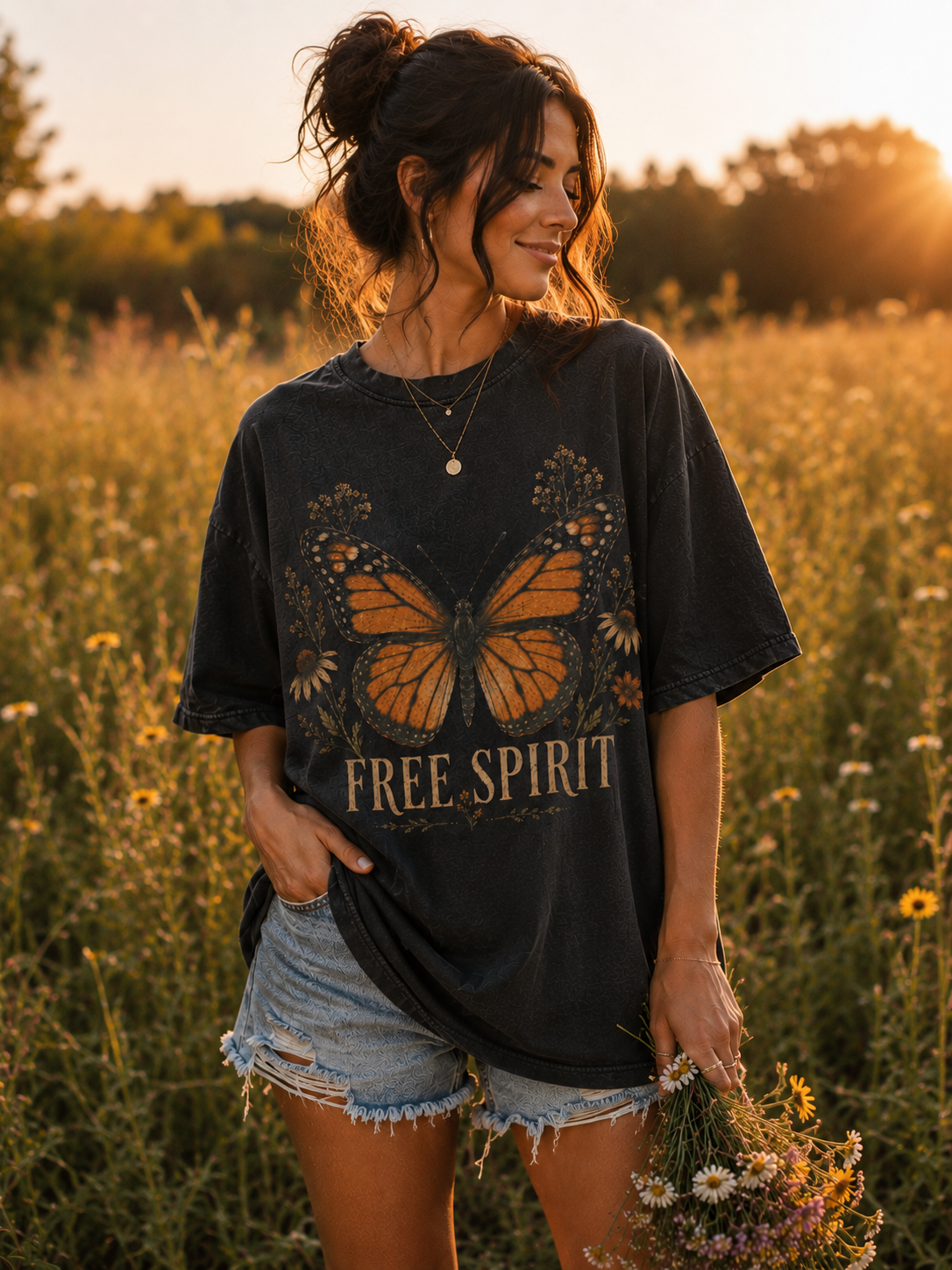 Butterfly and Letter Graphic Oversized Tee | Oversized T-Shirt Female
