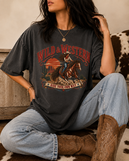 Oversized Western Graphic Tee - Vintage Cowgirl and Horse T-Shirt