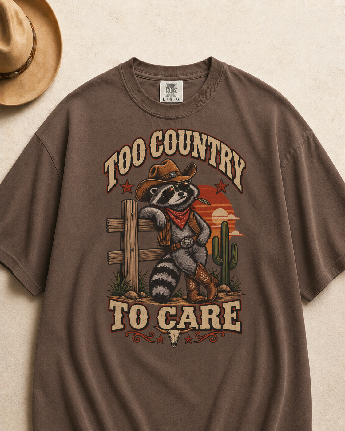Funny Western Raccoon Shirt - Too Country to Care Retro Cowboy Raccoon Meme T-Shirt