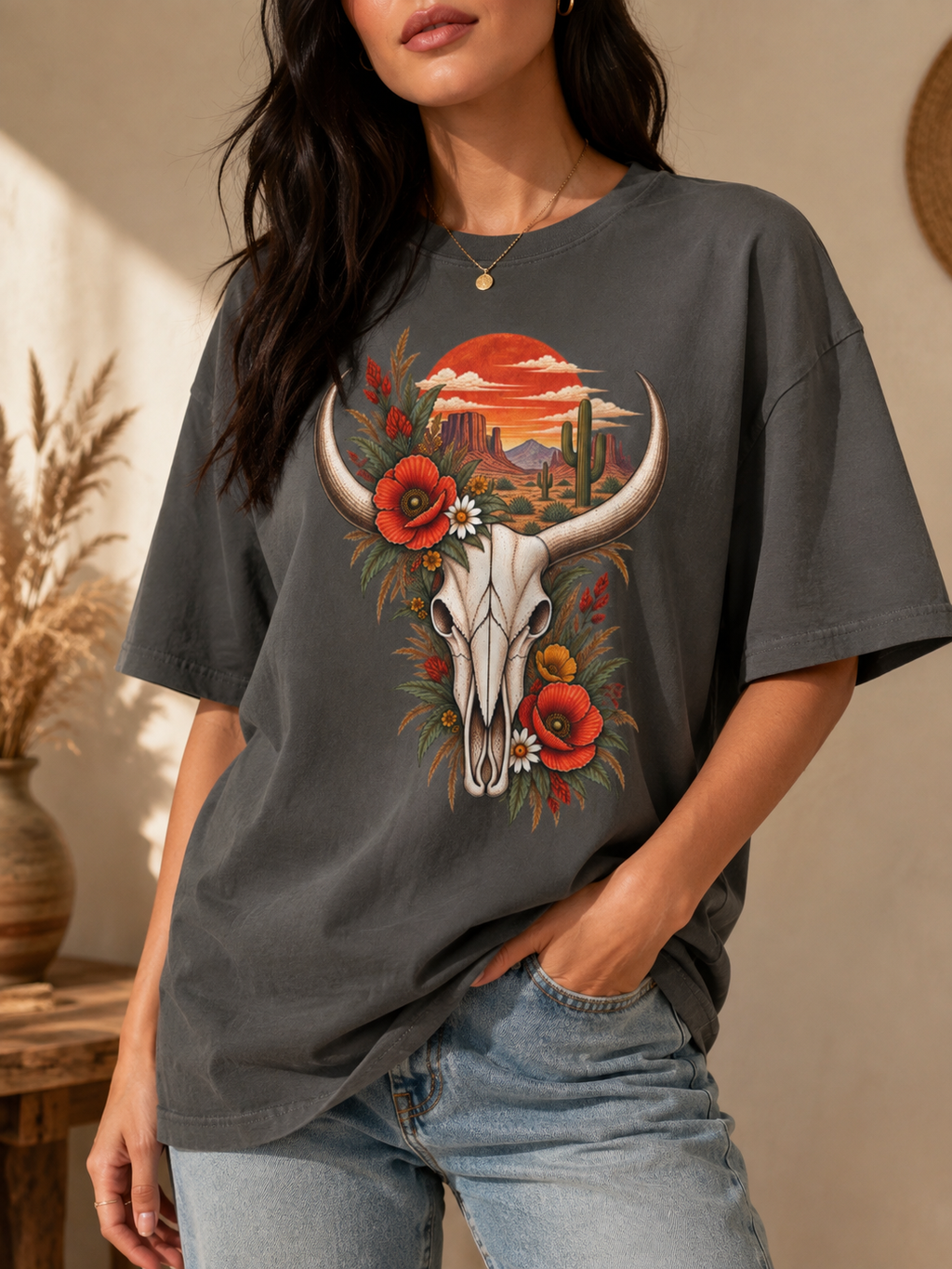 Floral Western Cow Skull Shirt